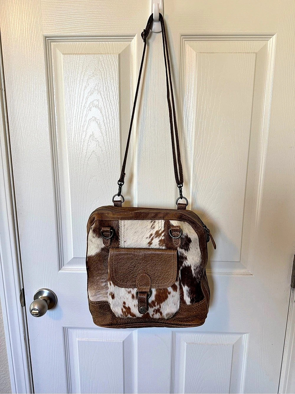 Myra Big Cowhide Leather Backpack Cowhide Leather Backpack in Brown & White